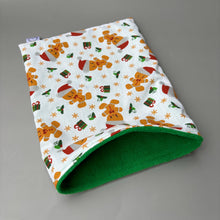 Load image into Gallery viewer, Christmas gingerbread man snuggle sack or snuggle pouch. Fleece lined sleeping bag for hedgehogs, guinea pigs and small animals