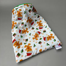 Load image into Gallery viewer, Christmas gingerbread man snuggle sack or snuggle pouch. Fleece lined sleeping bag for hedgehogs, guinea pigs and small animals