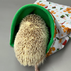 Christmas gingerbread man snuggle sack or snuggle pouch. Fleece lined sleeping bag for hedgehogs, guinea pigs and small animals