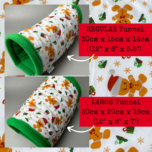 LARGE Christmas gingerbread man mini set. LARGE size tunnel, LARGE snuggle sack and toys. Fleece bedding.