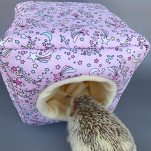 Load image into Gallery viewer, Shooting stars cosy cube house. Hedgehog and guinea pig cube house. Padded fleece lined house.