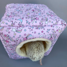 Load image into Gallery viewer, Shooting stars cosy cube house. Hedgehog and guinea pig cube house. Padded fleece lined house.