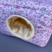 Load image into Gallery viewer, LARGE shooting stars cosy bed. Cosy cube. Cuddle Cube. Snuggle house. Fleece hidey. Padded house for guinea pigs.