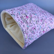 Load image into Gallery viewer, LARGE shooting stars guinea pig cosy snuggle cave. Padded stay open snuggle sack. Fleece pet bed. Stay open padded cave.