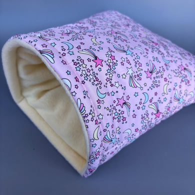LARGE shooting stars guinea pig cosy snuggle cave. Padded stay open snuggle sack. Fleece pet bed. Stay open padded cave.
