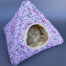 Load image into Gallery viewer, Shooting stars tent house. Hedgehog and small animal house. Padded fleece lined house.