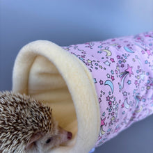 Load image into Gallery viewer, Shooting stars stay open tunnel. Padded fleece tunnel. Tube. Padded tunnel for hedgehogs, rats and small pets. Small pet cosy tunnel.