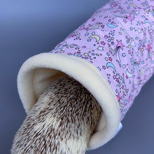 Load image into Gallery viewer, Shooting stars stay open tunnel. Padded fleece tunnel. Tube. Padded tunnel for hedgehogs, rats and small pets. Small pet cosy tunnel.