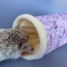 Load image into Gallery viewer, Shooting stars stay open tunnel. Padded fleece tunnel. Tube. Padded tunnel for hedgehogs, rats and small pets. Small pet cosy tunnel.