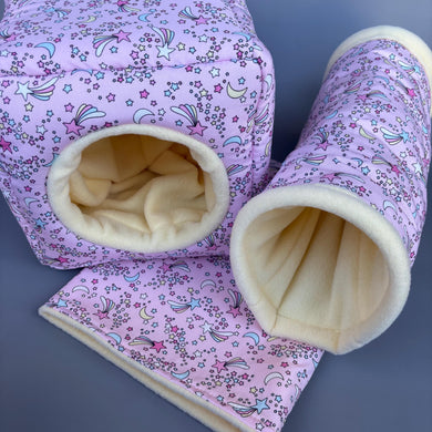 Shooting stars full cage set. Cube house, snuggle sack, tunnel cage set for hedgehog or small pet.