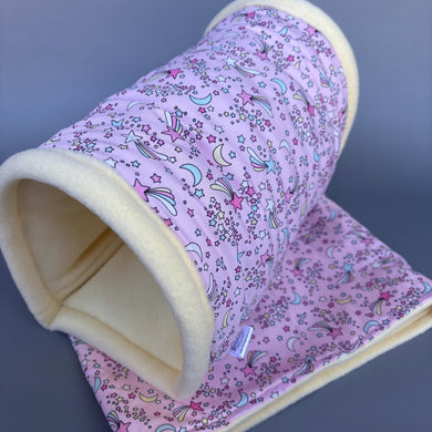 LARGE shooting star mini set. LARGE size tunnel, LARGE snuggle sack and toys. Fleece bedding.