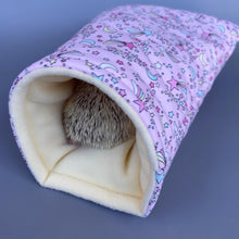 Load image into Gallery viewer, Shooting stars cosy snuggle cave. Padded stay open snuggle sack. Hedgehog bed. Fleece pet bedding.