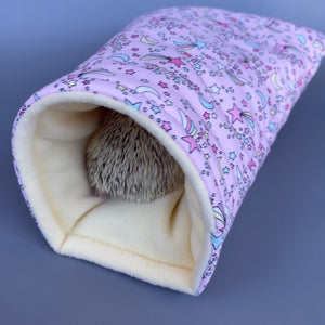 Shooting stars cosy snuggle cave. Padded stay open snuggle sack. Hedgehog bed. Fleece pet bedding.