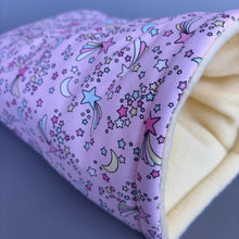 Load image into Gallery viewer, Shooting stars cosy snuggle cave. Padded stay open snuggle sack. Hedgehog bed. Fleece pet bedding.
