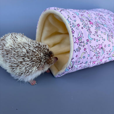 Shooting stars cosy snuggle cave. Padded stay open snuggle sack. Hedgehog bed. Fleece pet bedding.