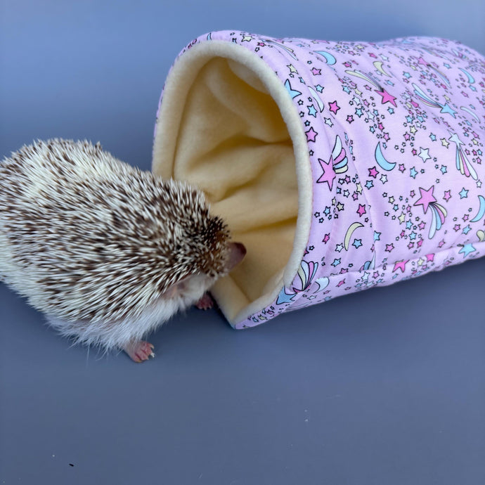 Shooting stars cosy snuggle cave. Padded stay open snuggle sack. Hedgehog bed. Fleece pet bedding.