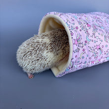 Load image into Gallery viewer, Shooting stars cosy snuggle cave. Padded stay open snuggle sack. Hedgehog bed. Fleece pet bedding.