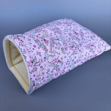 Load image into Gallery viewer, Shooting stars cosy snuggle cave. Padded stay open snuggle sack. Hedgehog bed. Fleece pet bedding.