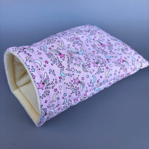 Shooting stars cosy snuggle cave. Padded stay open snuggle sack. Hedgehog bed. Fleece pet bedding.