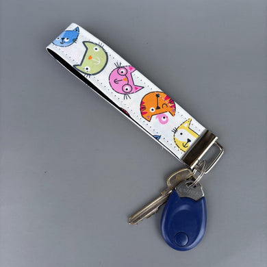 Colourful cats wristlet keychain. Cat keyring. Cat wrist strap keyring.