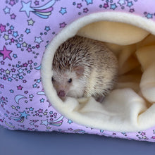 Load image into Gallery viewer, LARGE shooting stars cosy bed. Cosy cube. Cuddle Cube. Snuggle house. Fleece hidey. Padded house for guinea pigs.