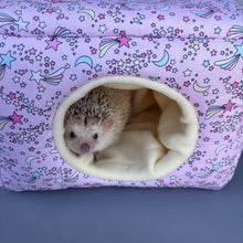 Load image into Gallery viewer, LARGE shooting stars cosy bed. Cosy cube. Cuddle Cube. Snuggle house. Fleece hidey. Padded house for guinea pigs.