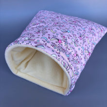 Load image into Gallery viewer, LARGE shooting stars guinea pig cosy snuggle cave. Padded stay open snuggle sack. Fleece pet bed. Stay open padded cave.