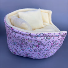 Load image into Gallery viewer, LARGE shooting stars cuddle cup. Pet sofa. Guinea pig bed. Pet beds. Fleece bed. Fleece sofa. Pet sofa.