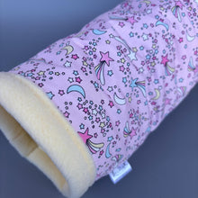 Load image into Gallery viewer, Shooting stars stay open tunnel. Padded fleece tunnel. Tube. Padded tunnel for hedgehogs, rats and small pets. Small pet cosy tunnel.