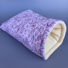 Load image into Gallery viewer, Shooting stars cosy snuggle cave. Padded stay open snuggle sack. Hedgehog bed. Fleece pet bedding.
