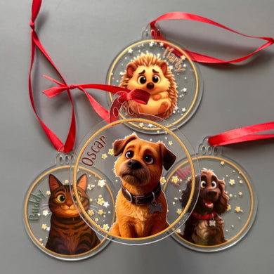 Personalised pet Christmas decoration. Personalised cartoon pet Christmas bauble.