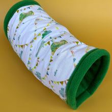 Load image into Gallery viewer, Clouds and bunting stay open tunnel. Padded fleece tunnel for hedgehogs, rats and small pets.