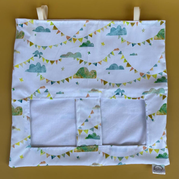 Clouds and bunting hanging hay bag for guinea pigs. Cotton hay feeder.