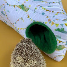 Load image into Gallery viewer, Clouds and bunting corner house. Hedgehog and small pet cube house. Padded fleece lined house.