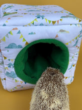 Load image into Gallery viewer, Clouds and bunting cosy cube house. Hedgehog and guinea pig cube house. Padded fleece lined house.