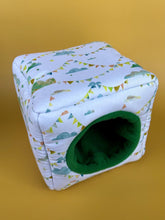 Load image into Gallery viewer, Clouds and bunting cosy cube house. Hedgehog and guinea pig cube house. Padded fleece lined house.