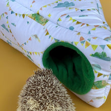 Load image into Gallery viewer, Clouds and bunting full cage set. Corner house, snuggle sack, tunnel cage set for hedgehog or small pet.