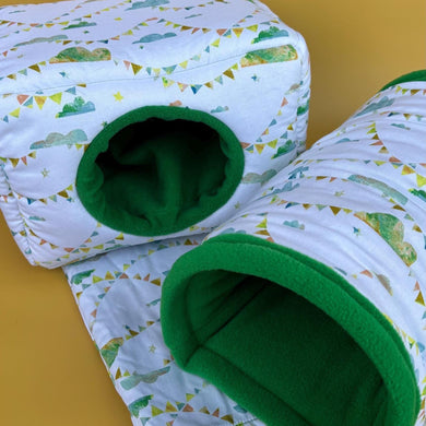 Clouds and bunting full cage set. LARGE house, snuggle sack, tunnel cage set for hedgehog or small pet.
