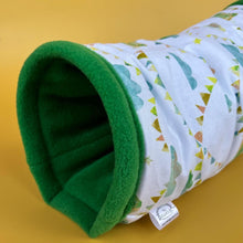 Load image into Gallery viewer, Clouds and bunting mini set. Tunnel, snuggle sack and toys. Hedgehog fleece tunnel and pouch.