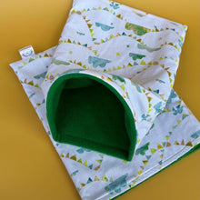 Load image into Gallery viewer, Clouds and bunting mini set. Tunnel, snuggle sack and toys. Hedgehog fleece tunnel and pouch.