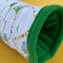 Load image into Gallery viewer, Clouds and bunting stay open tunnel. Padded fleece tunnel for hedgehogs, rats and small pets.