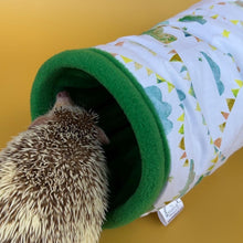 Load image into Gallery viewer, Clouds and bunting stay open tunnel. Padded fleece tunnel for hedgehogs, rats and small pets.