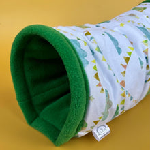 Load image into Gallery viewer, Clouds and bunting stay open tunnel. Padded fleece tunnel for hedgehogs, rats and small pets.