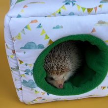 Load image into Gallery viewer, Clouds and bunting full cage set. Cube house, snuggle sack, tunnel cage set for hedgehog or small pet.