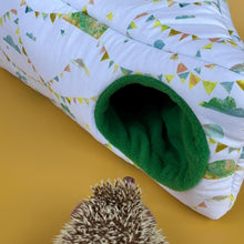 Load image into Gallery viewer, Clouds and bunting corner house. Hedgehog and small pet cube house. Padded fleece lined house.