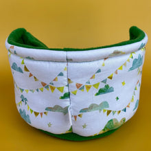 Load image into Gallery viewer, Clouds and bunting cuddle cup. Pet sofa. Hedgehog and small guinea pig bed. Small pet beds. Fleece sofa bed.