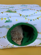 Load image into Gallery viewer, LARGE clouds and bunting  cosy bed. Cosy cube. Cuddle Cube. Snuggle house. Fleece hidey. Padded house for guinea pigs.