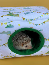 Load image into Gallery viewer, LARGE clouds and bunting  cosy bed. Cosy cube. Cuddle Cube. Snuggle house. Fleece hidey. Padded house for guinea pigs.