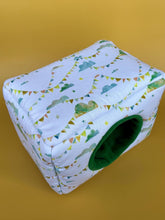 Load image into Gallery viewer, LARGE clouds and bunting  cosy bed. Cosy cube. Cuddle Cube. Snuggle house. Fleece hidey. Padded house for guinea pigs.