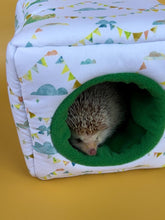 Load image into Gallery viewer, Clouds and bunting cosy cube house. Hedgehog and guinea pig cube house. Padded fleece lined house.